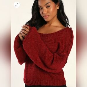 Lulu's Always Together Brick Red Balloon Sleeve Nubby Sweater, Small